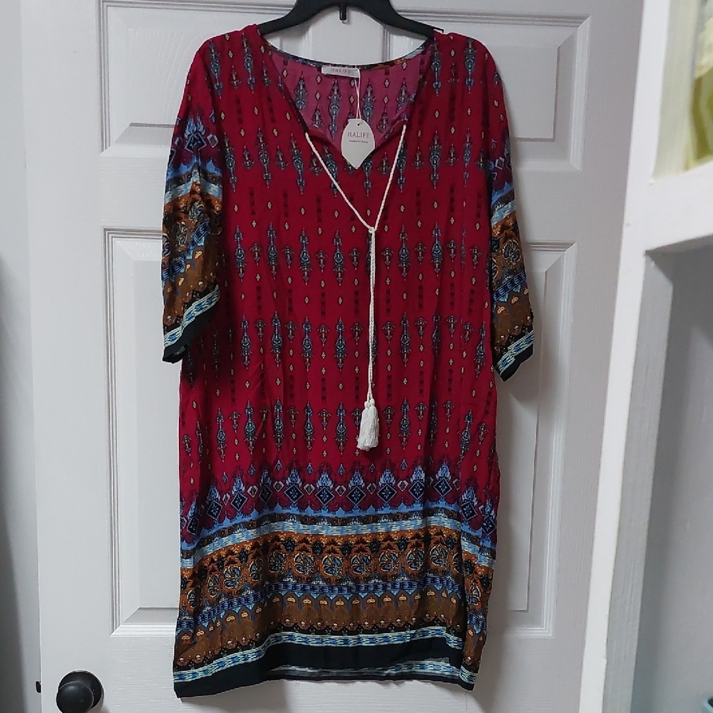 Burgundy 3/4 Sleeve Boxy Dress with Bohemian Flair